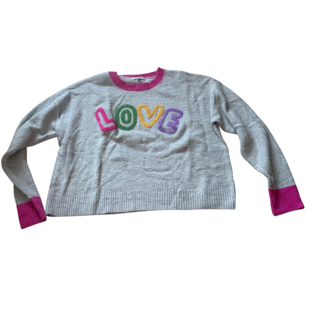 Major Label Group LOVE Sweater Women’s L Gray Pink Trim Pullover - Picture 2 of 7